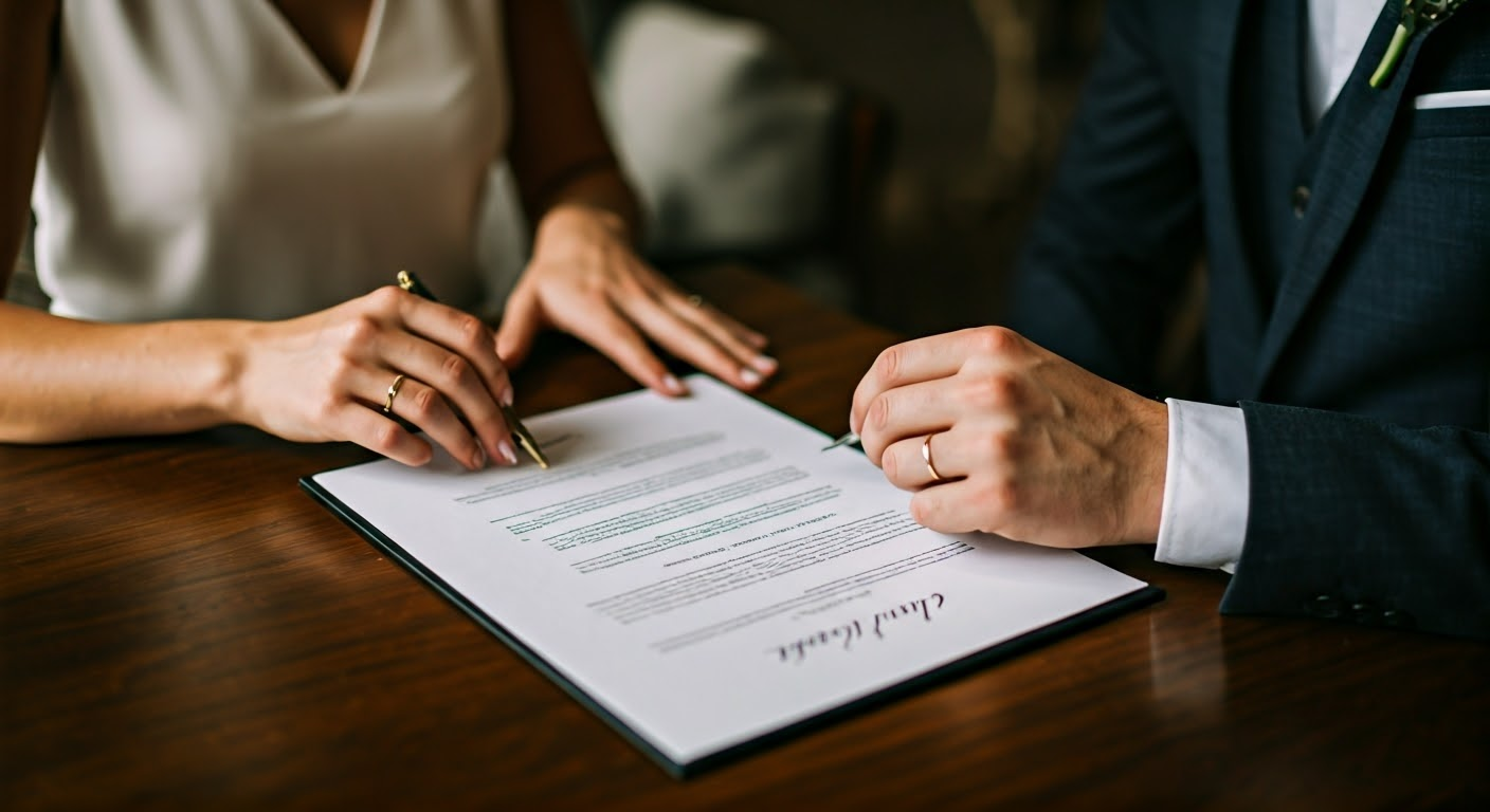 Couple reviewing wedding venue contract.